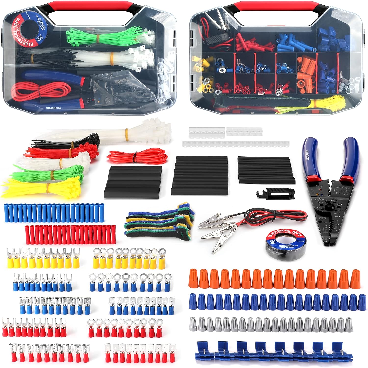 Crimp terminal repair kit accessories laid out, including terminals, wire leads, and tool pieces.
