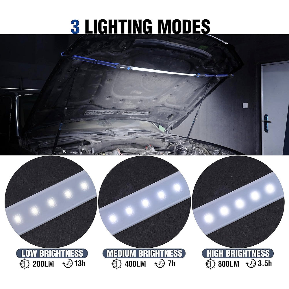 Under-hood LED work light bar illuminating the engine bay with multiple brightness settings