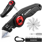 WORKPRO folding utility knife with screwdriver bits stored in holder and clip