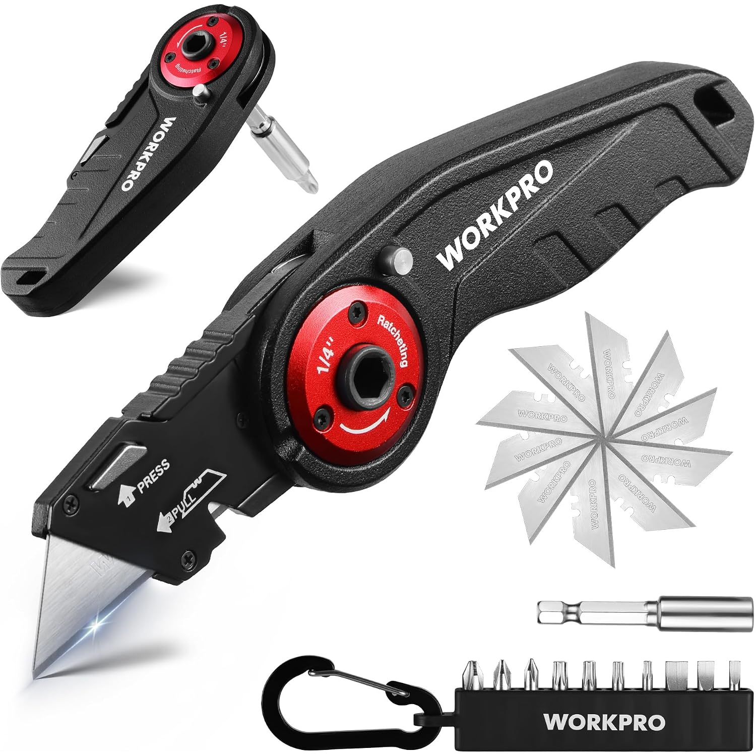 WORKPRO folding utility knife with screwdriver bits stored in holder and clip