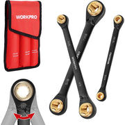 Red storage bag with three black-and-gold reversible ratcheting box-end wrenches