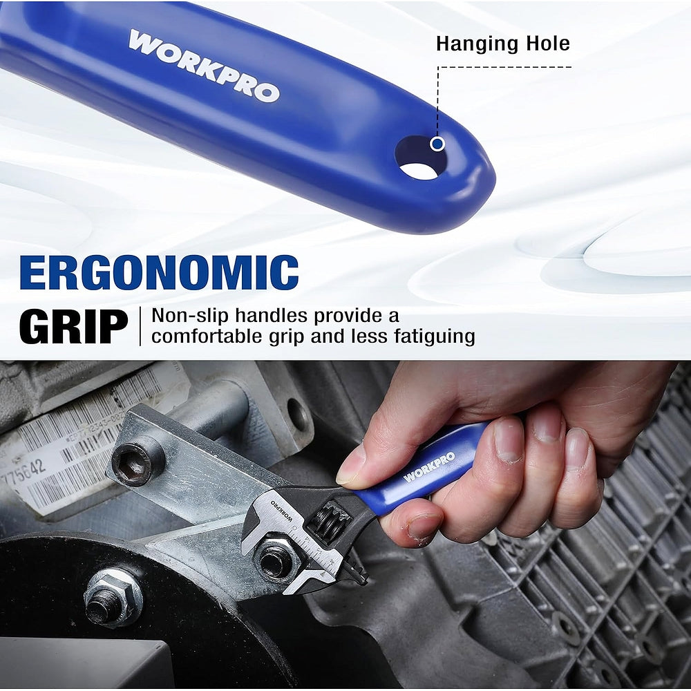 Mini adjustable wrench with non-slip ergonomic grip and hanging hole at blue handle end