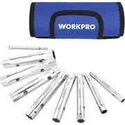WORKPRO chrome wrench socket set with blue storage roll bag and multiple sockets.