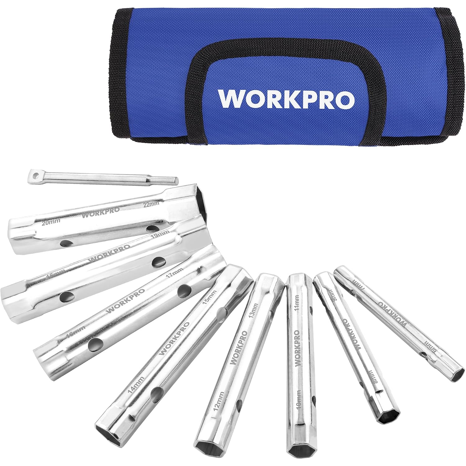 WORKPRO chrome wrench socket set with blue storage roll bag and multiple sockets.