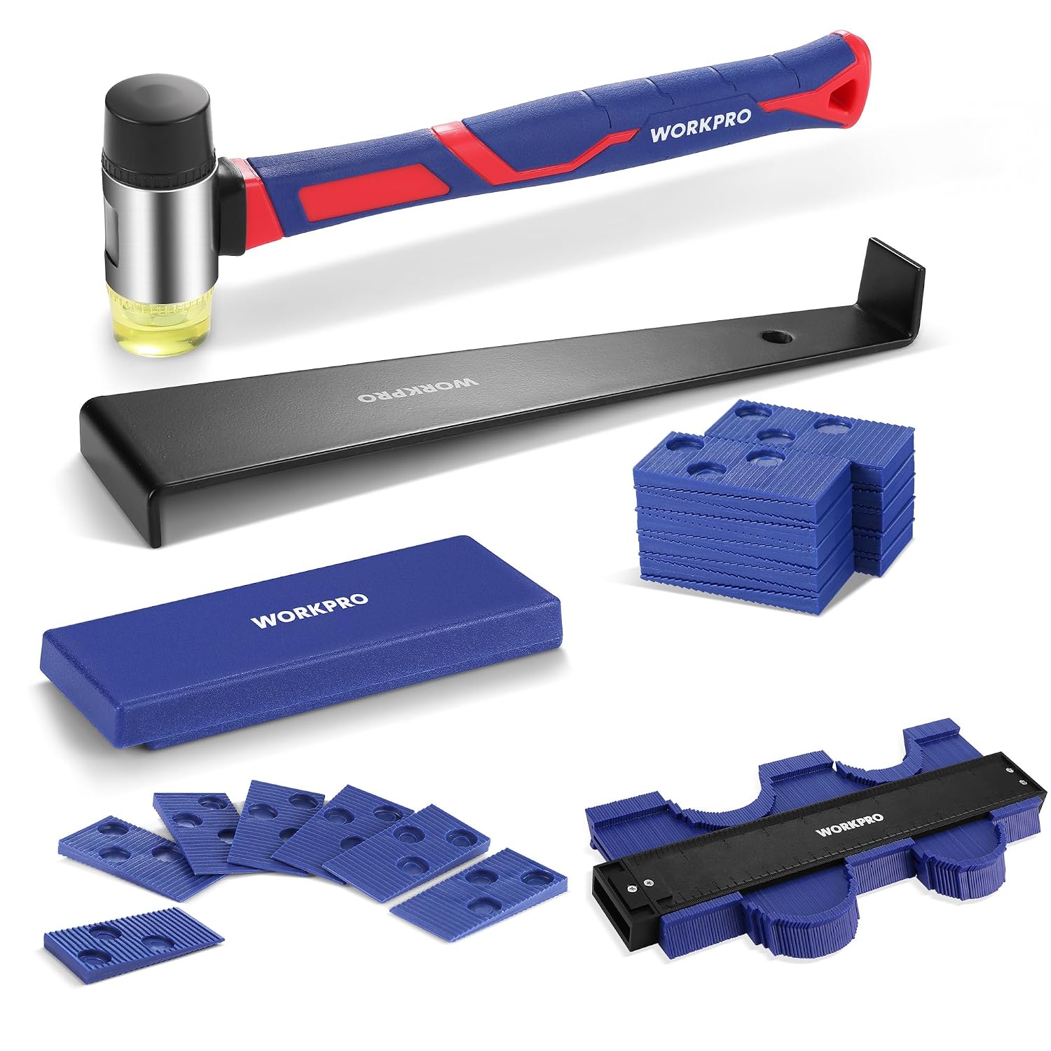 Laminate flooring installation tools set: mallet, pull bar, tapping block, gauge, spacers