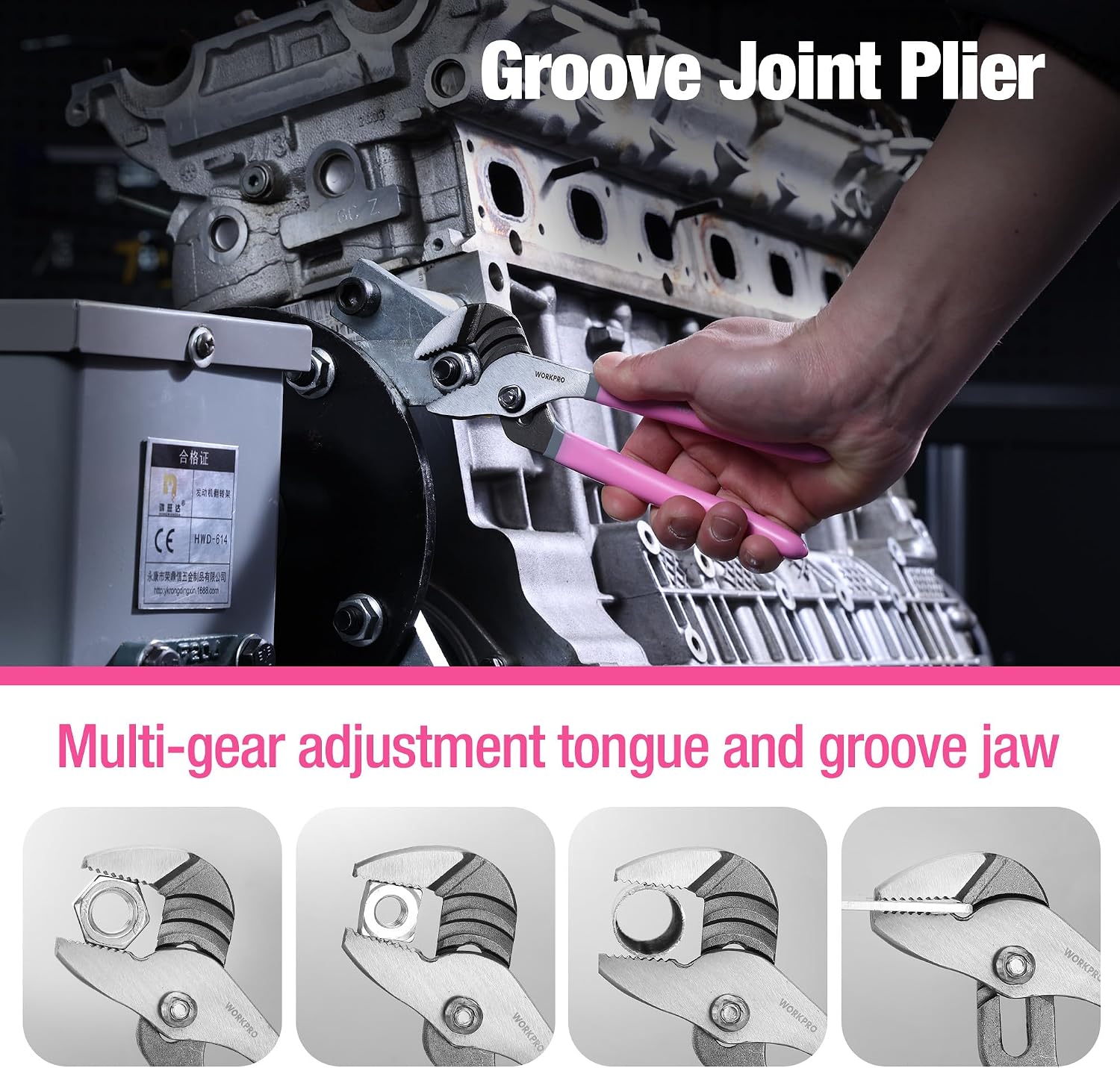 Pink-handled groove joint plier with adjustable jaw on an engine bay