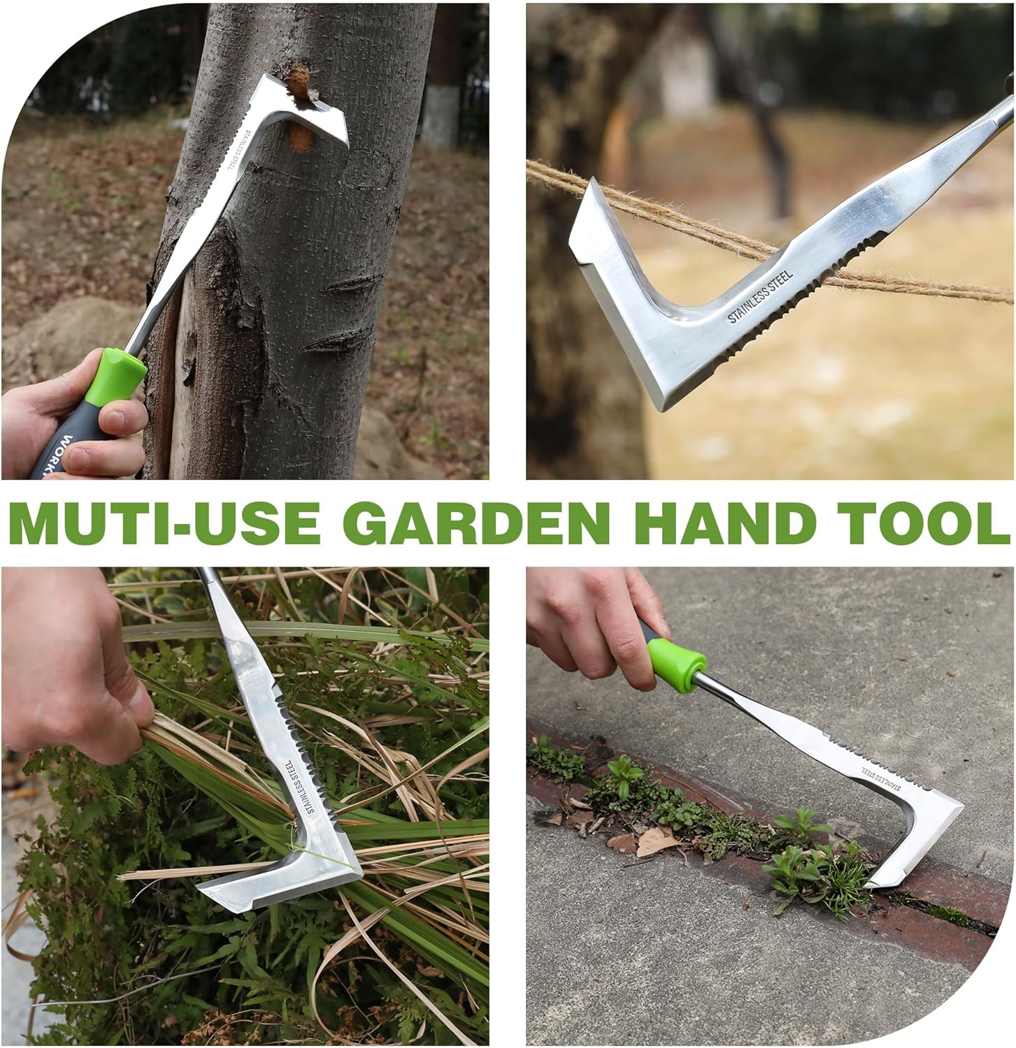 Multi-use garden hand tool, L-shaped stainless steel weeder with green grip