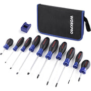 10-piece screwdriver set with black-and-blue handles and zip pouch storage