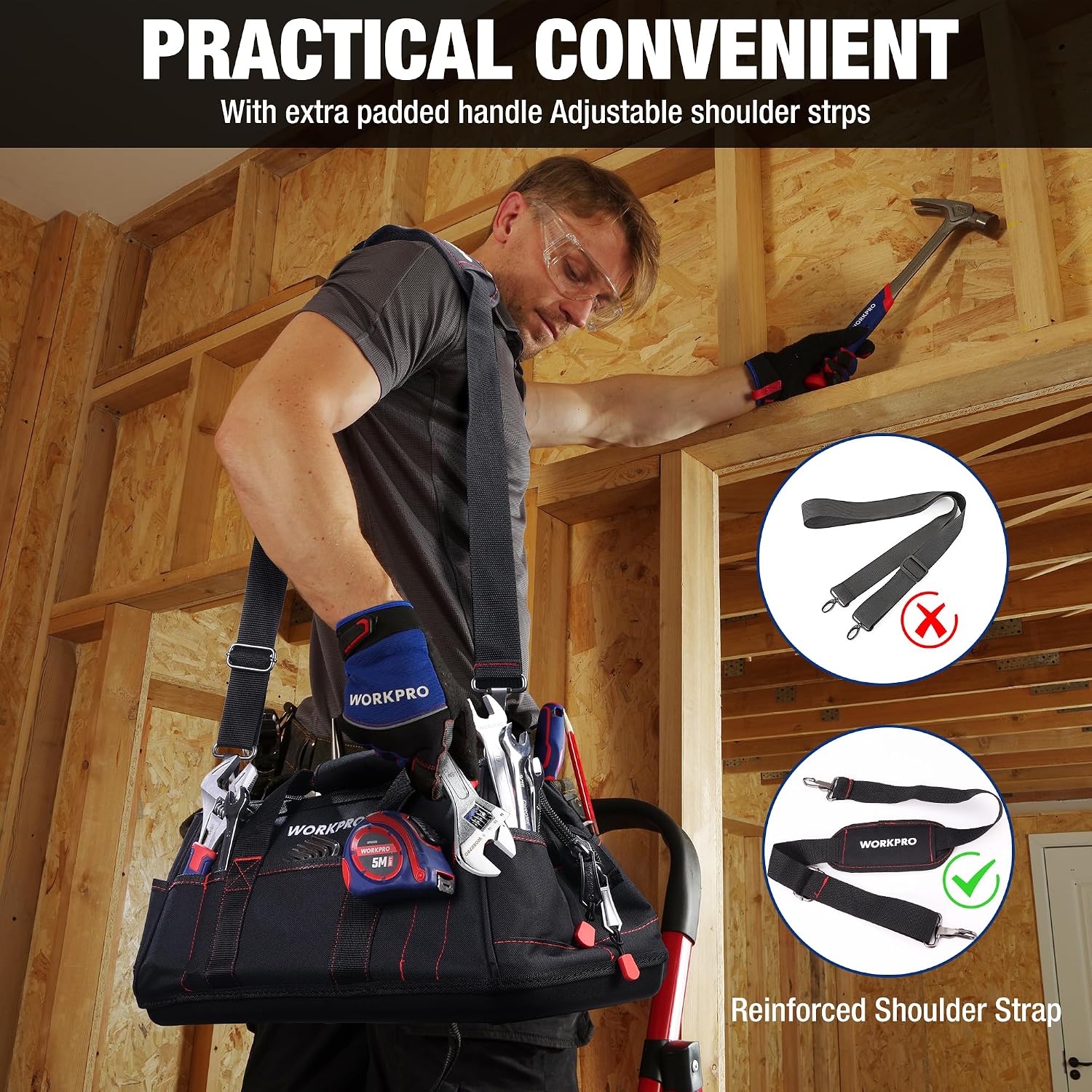 WORKPRO 16-inch Close Top Wide Mouth Tool Storage Bag with rubber base, innovation quality and durable secure access
