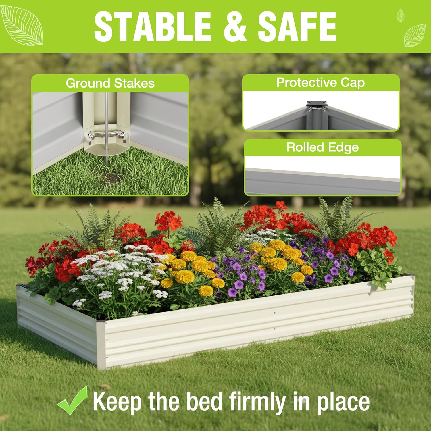 White raised garden bed with ground stakes and protective rolled top edge