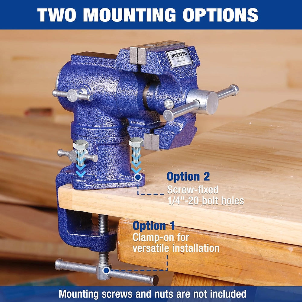 Blue clamp-on bench vise with two mounting options for workbench installation