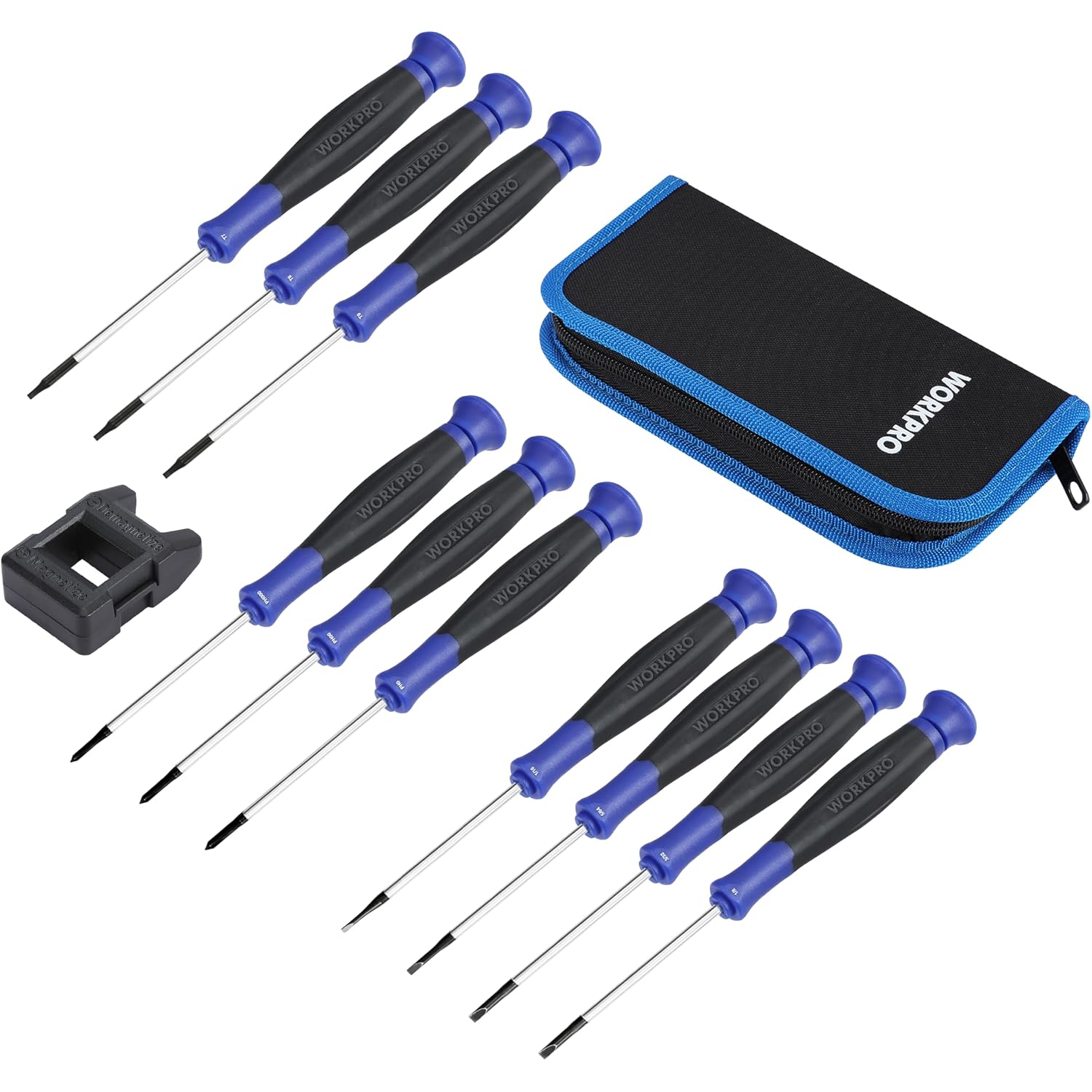 10-piece precision screwdriver set with blue fabric pouch and black-and-blue handles