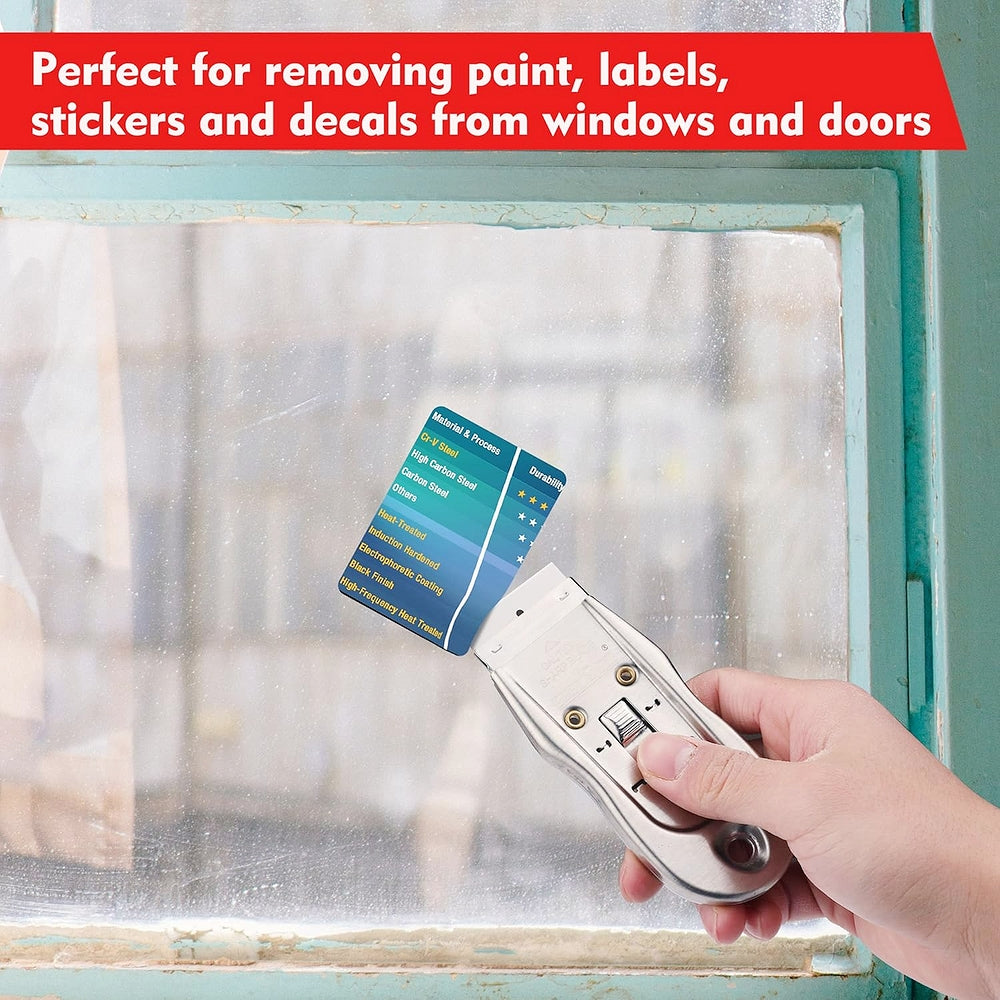 Hand using single edge scraper blade to remove sticker from glass door