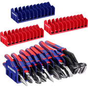 Set of blue and red tool organizer racks with angled slots for hand tools