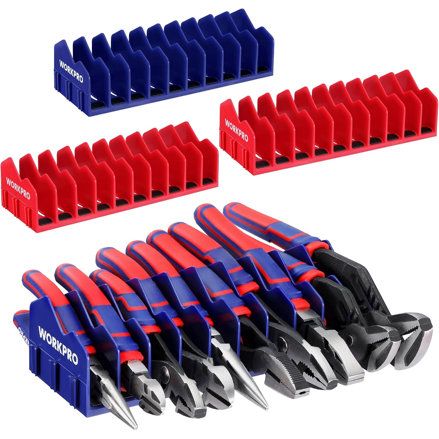 Set of blue and red tool organizer racks with angled slots for hand tools