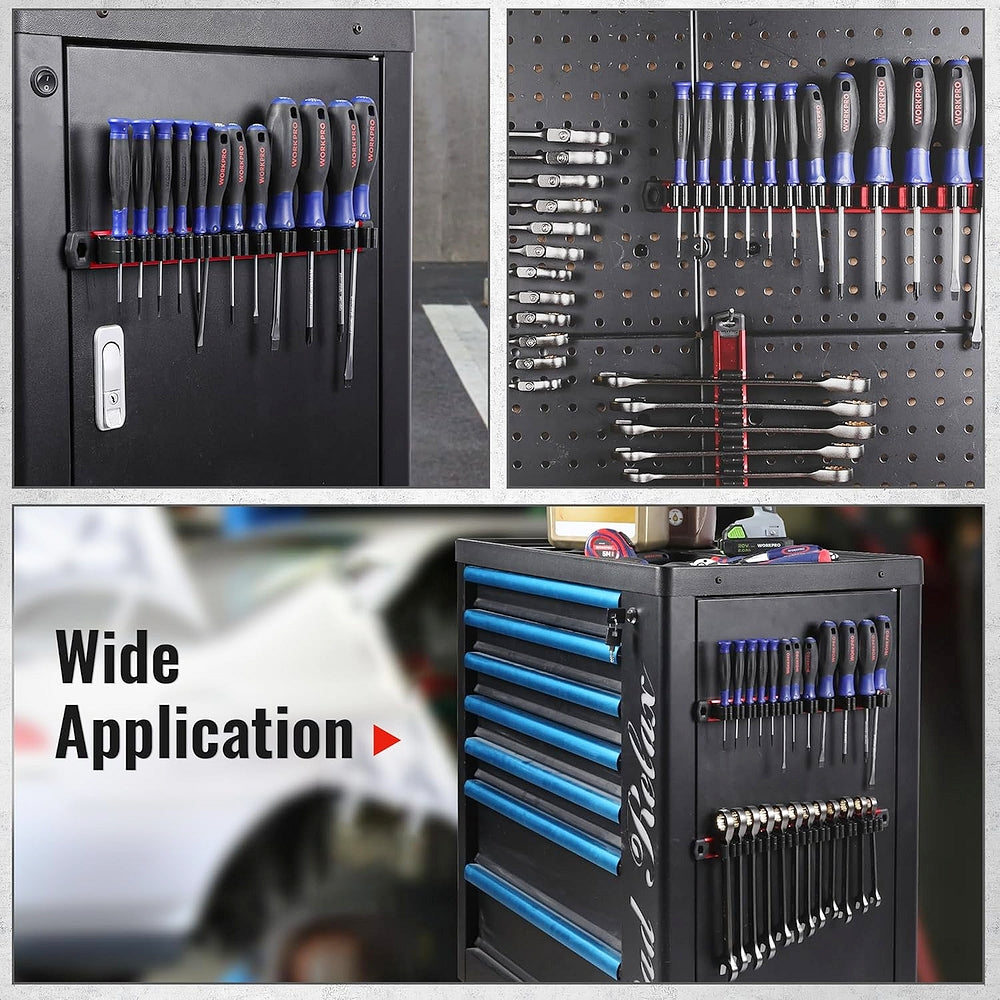 Magnetic tool organizer board with rows of black holders for hand tools