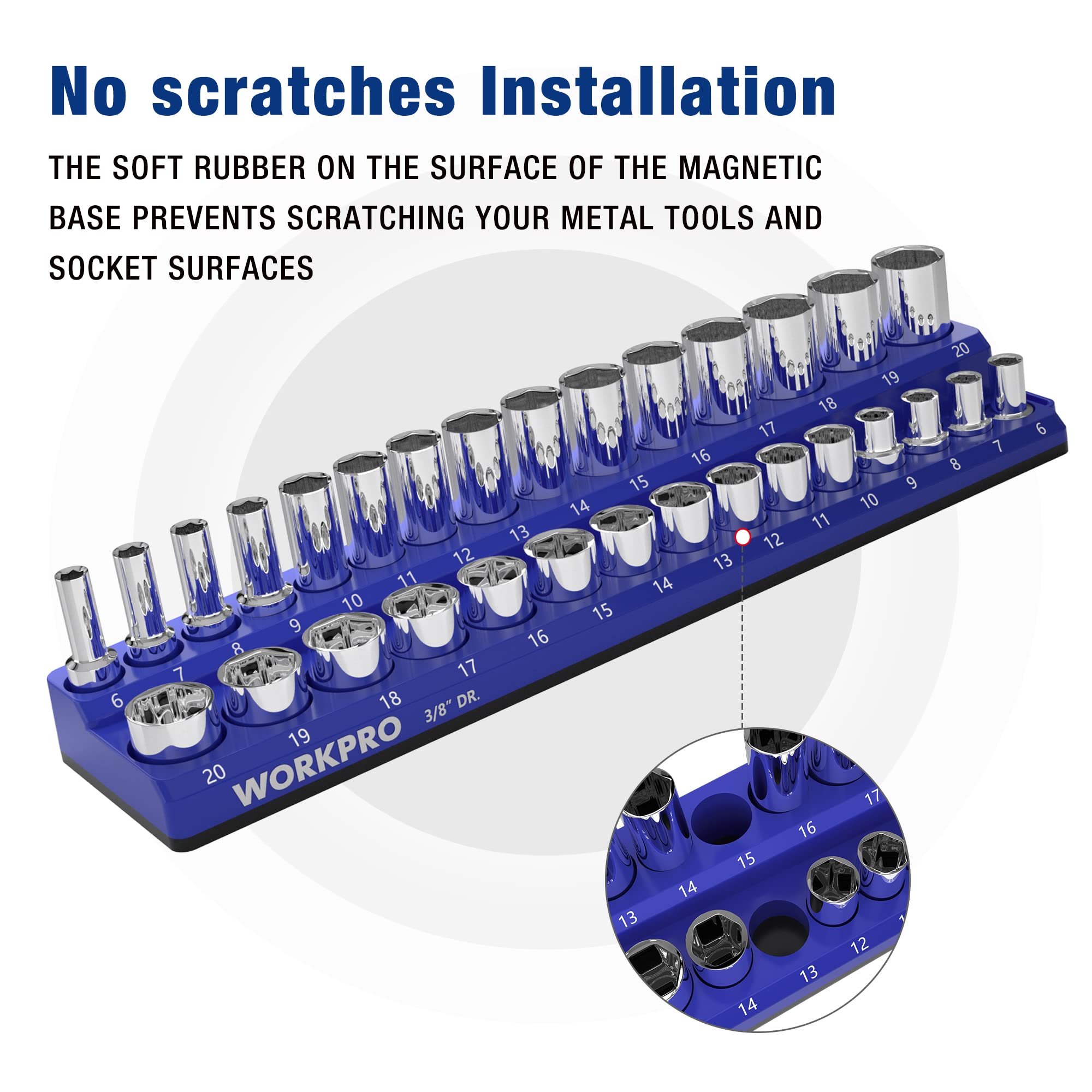 Blue magnetic socket organizer set with chrome sockets on a blue tray with labeled slots