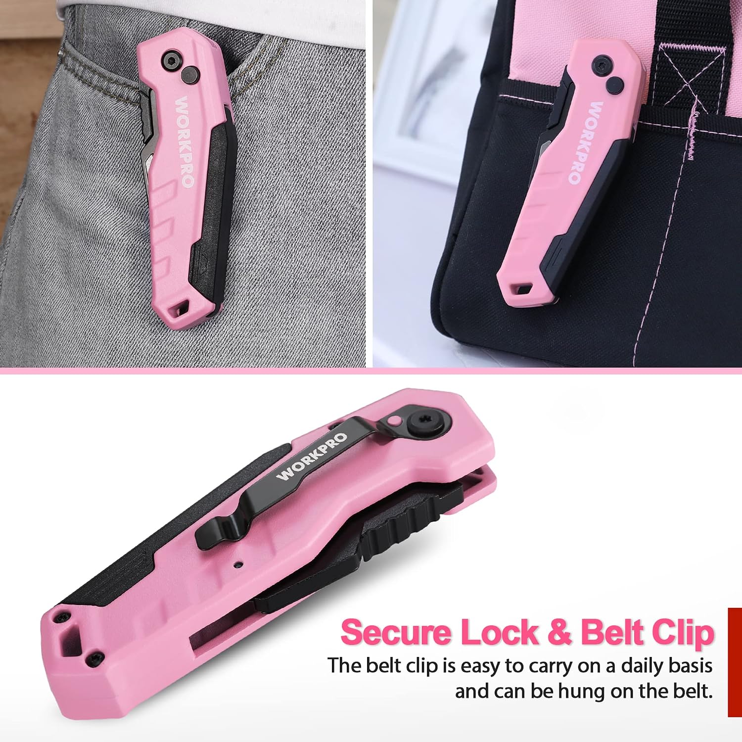 WORKPRO Folding Utility Knife, Quick Change Box Cutte 13 Extra Blades Included - Pink Ribbon
