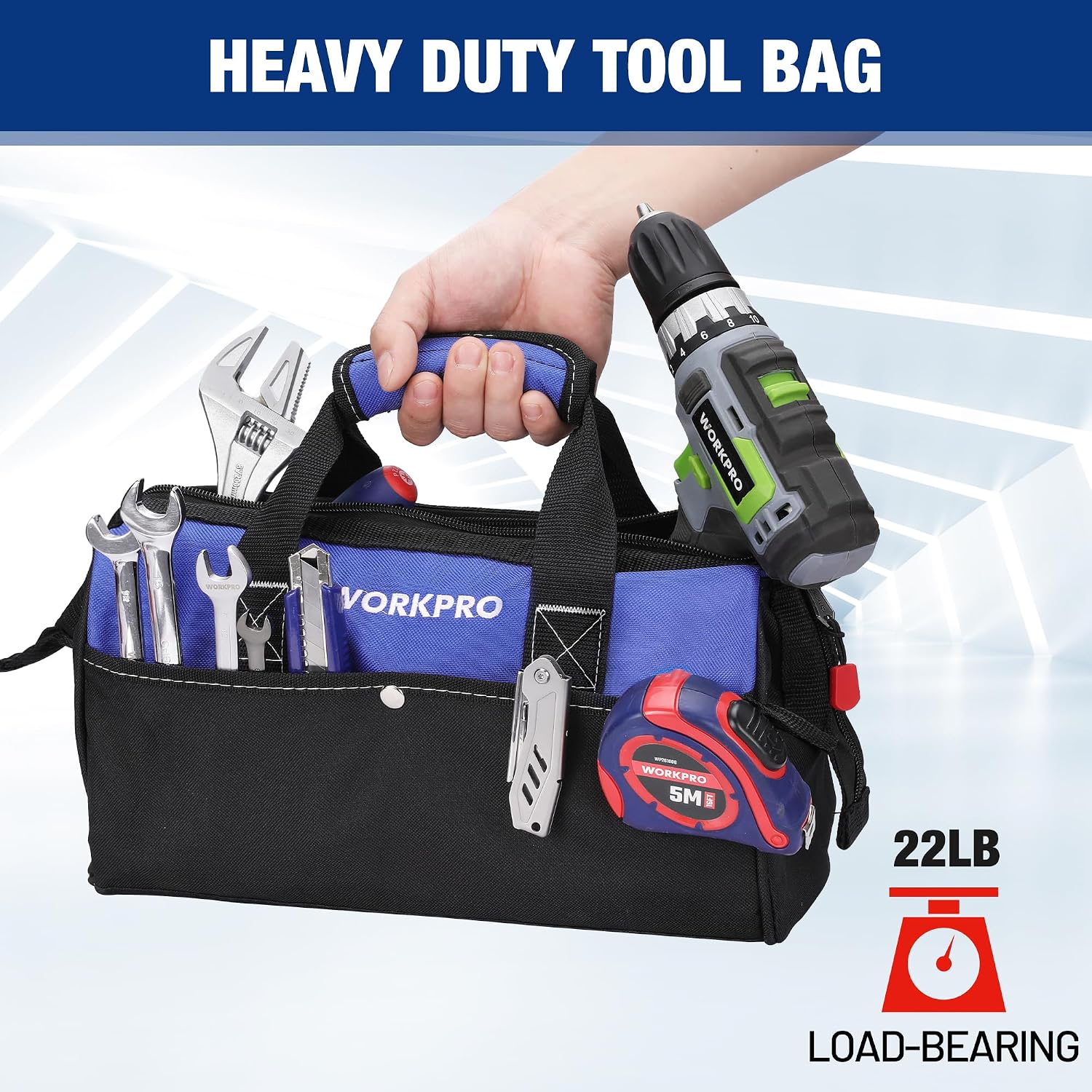 WORKPRO 13-inch wide mouth tool tote bag in blue and black with inside pockets, secure durable quality