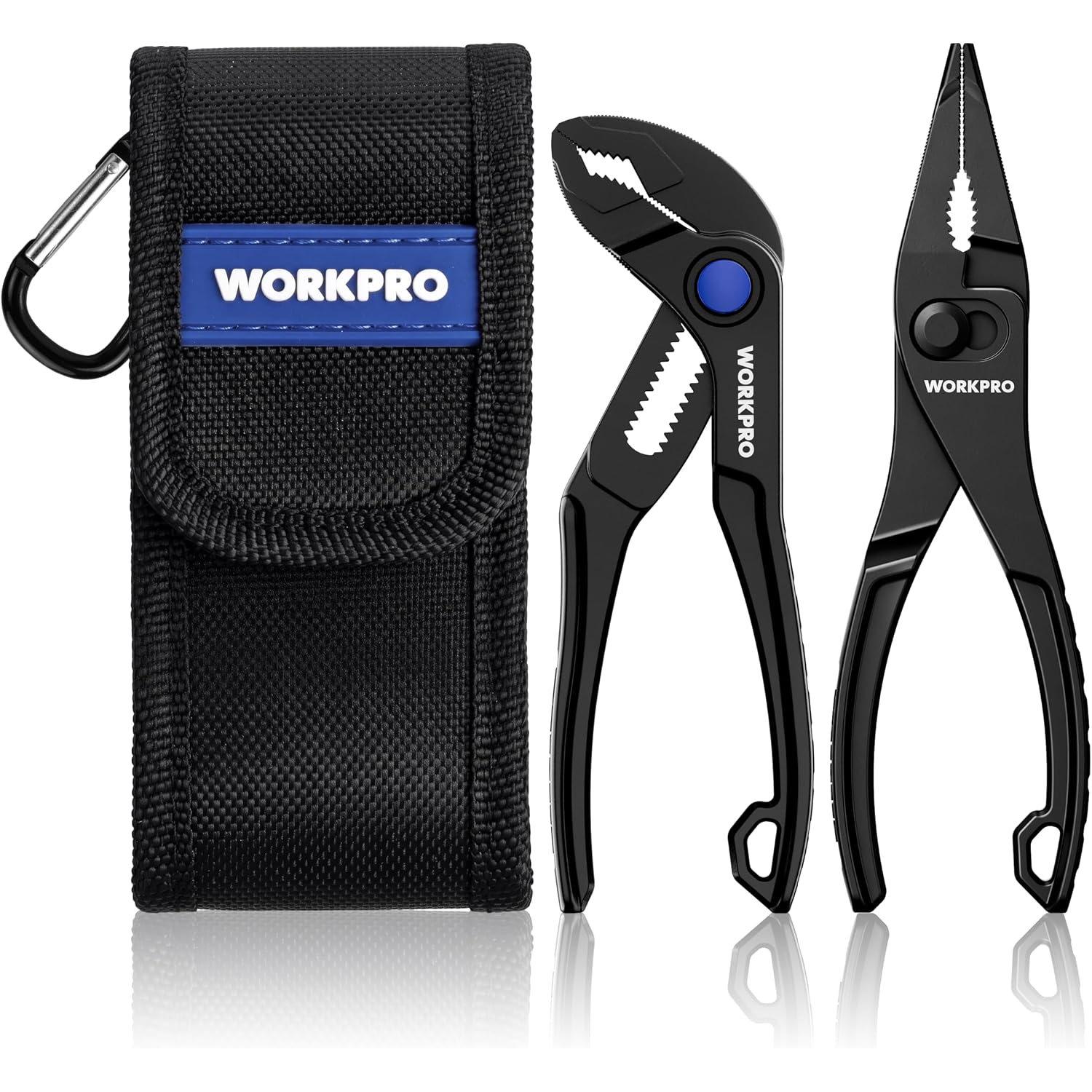 WORKPRO 2-piece mini pliers set with black pouch, water pump and long nose pliers