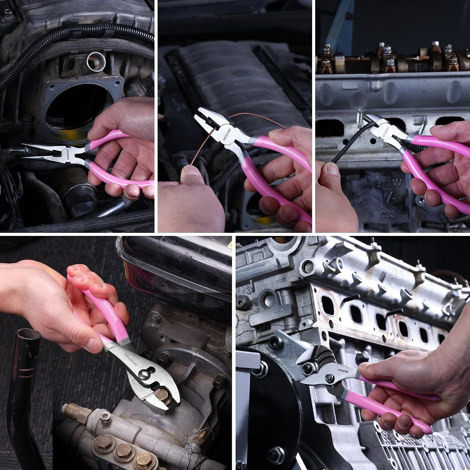 Pink-handled pliers in use with an engine bay background