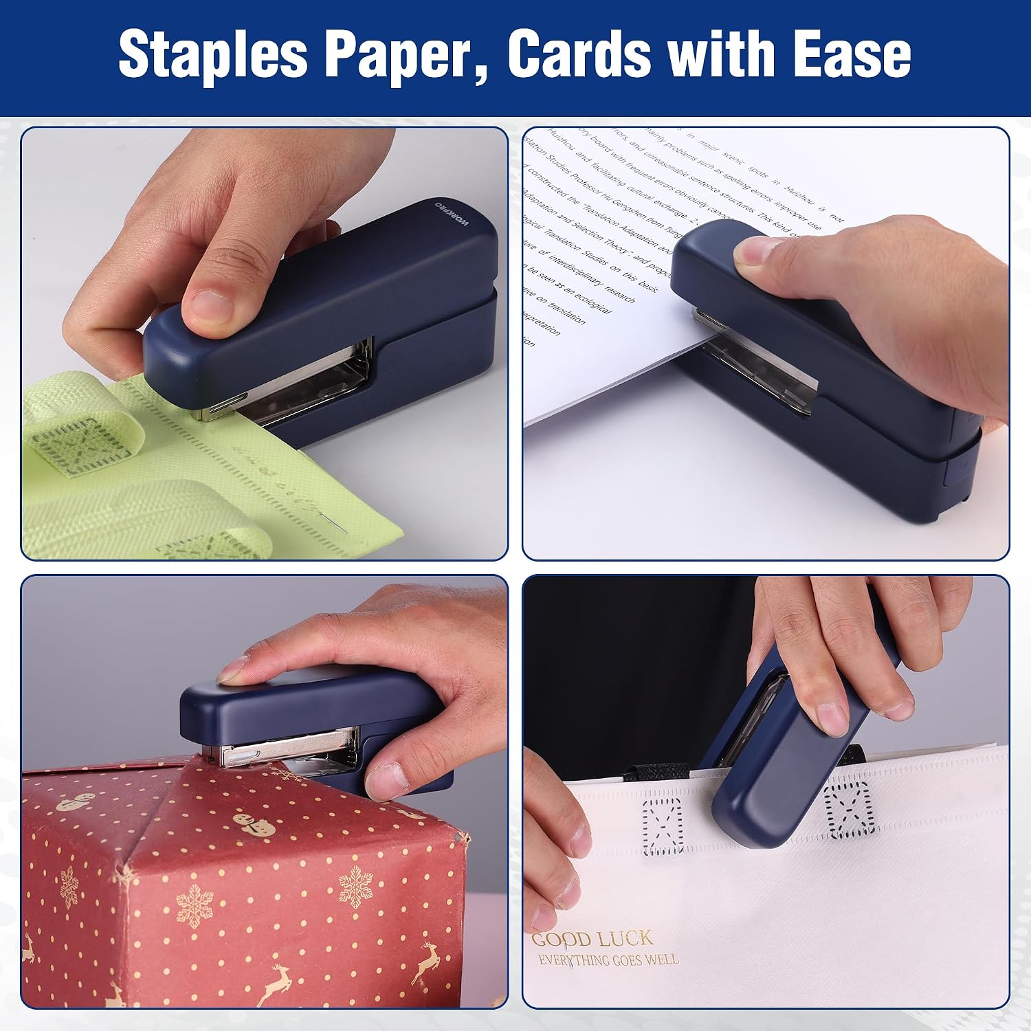 WORKPRO 2-in-1 stapler with staples in blue plastic housing, rear push-button staple storage compartment