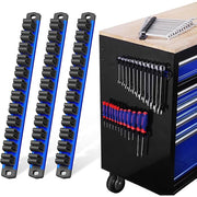 3-pack magnetic tool organizer rails with blue aluminum base and black holder slots