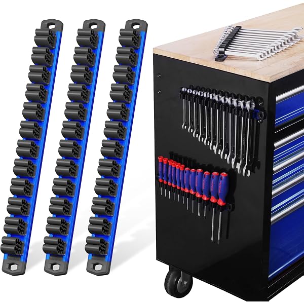 3-pack magnetic tool organizer rails with blue aluminum base and black holder slots