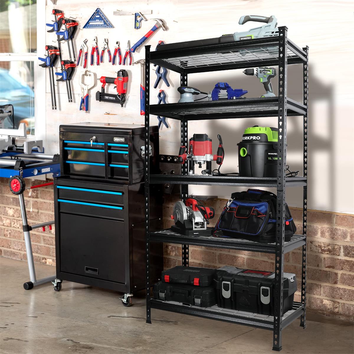 Black metal 5-tier storage shelving rack with wire mesh shelves and tools in workshop