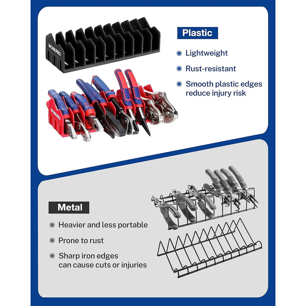 WORKPRO 20-slot plastic plier rack set with black holder base and red/gray tool assortments