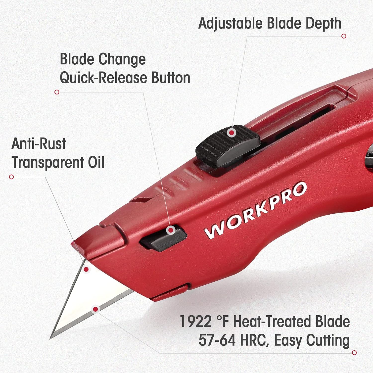 Retractable utility knife with red all-metal body and black blade slider, blade extended