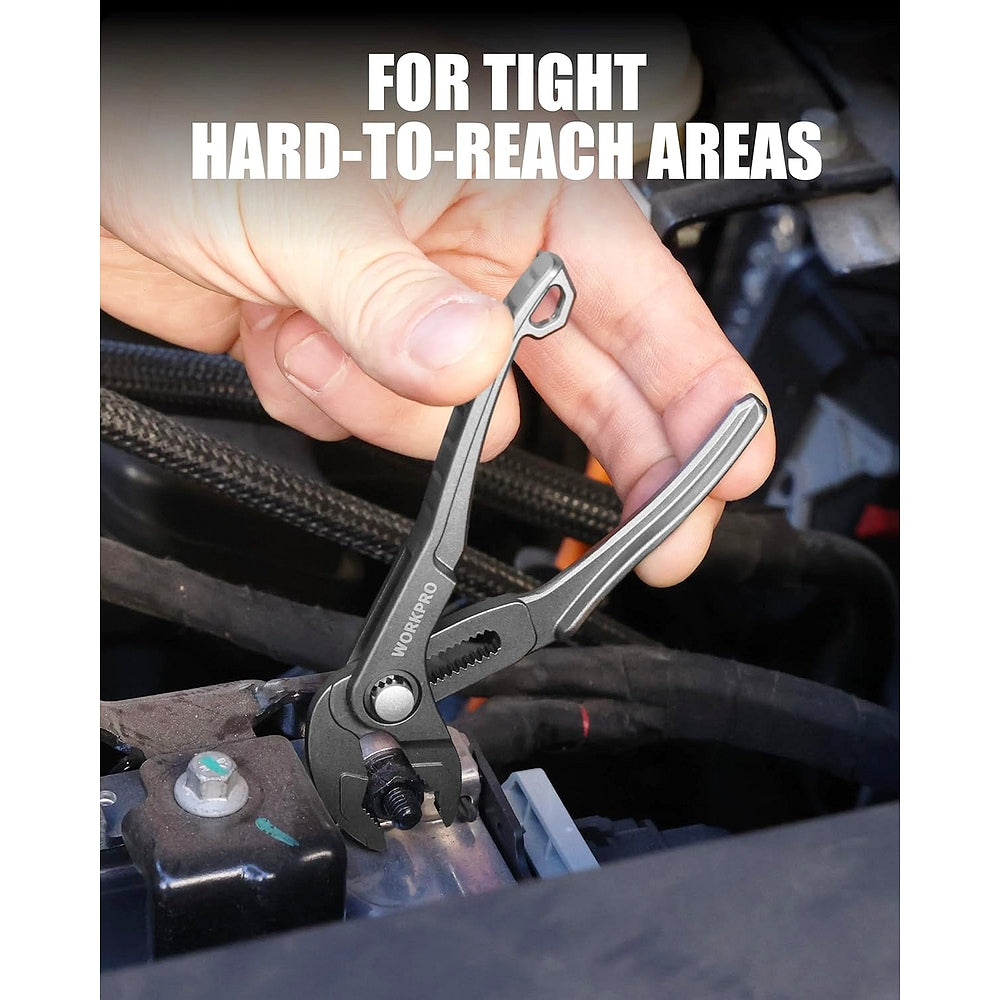 Grey WORKPRO mini water pump pliers reaching into a tight engine or tool area