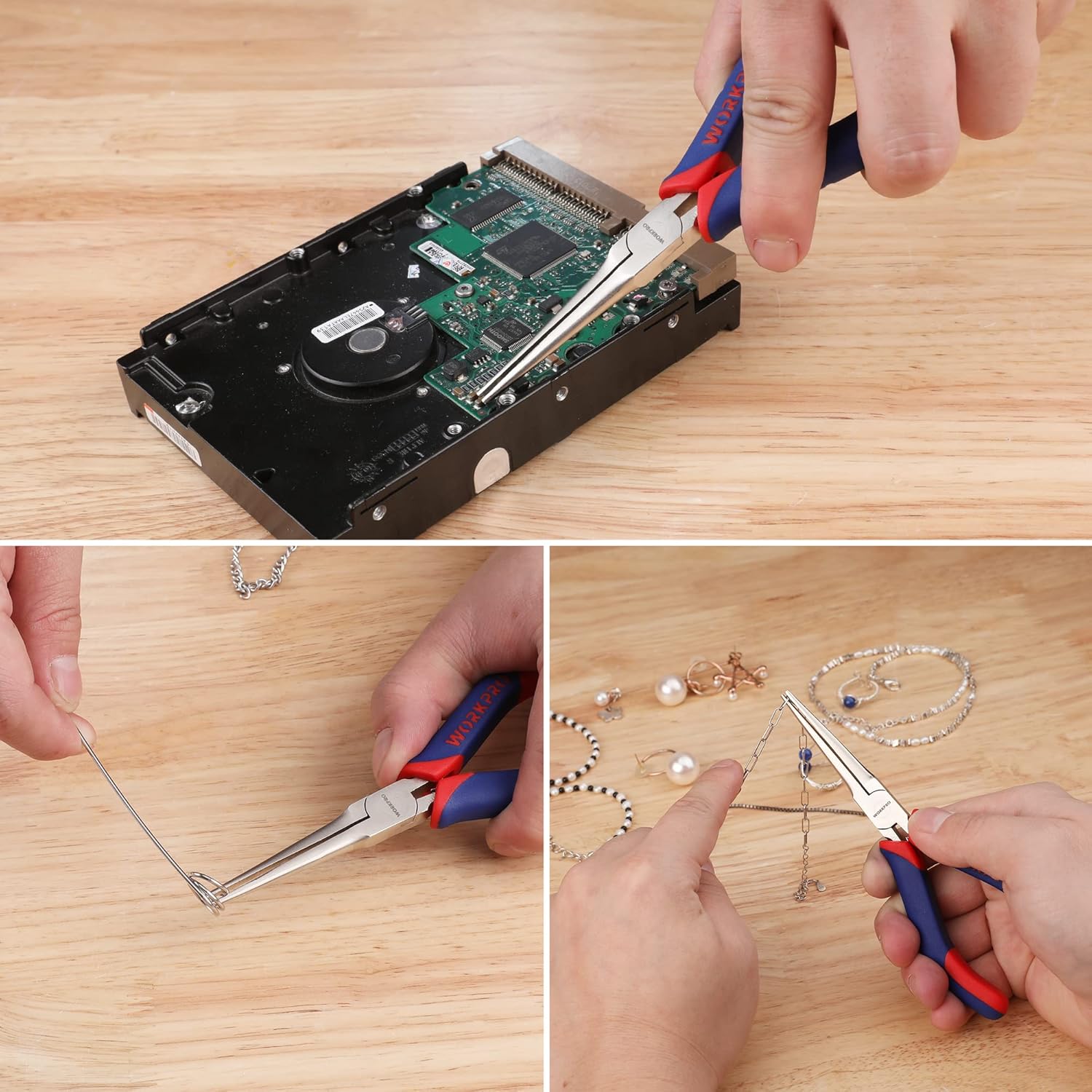 Needle nose pliers in hand, wrapping thin wire for jewelry on a wood surface