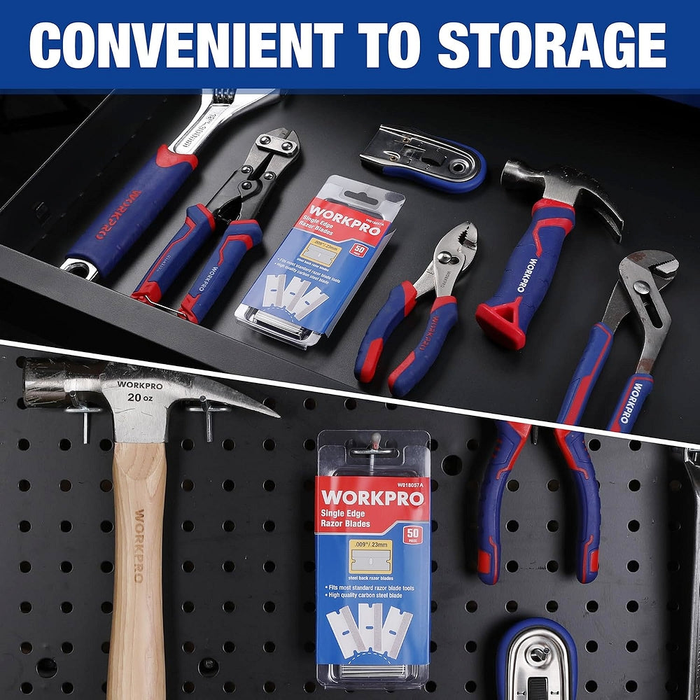 WORKPRO 50-pack single-edge razor blades with scraper tools and storage case