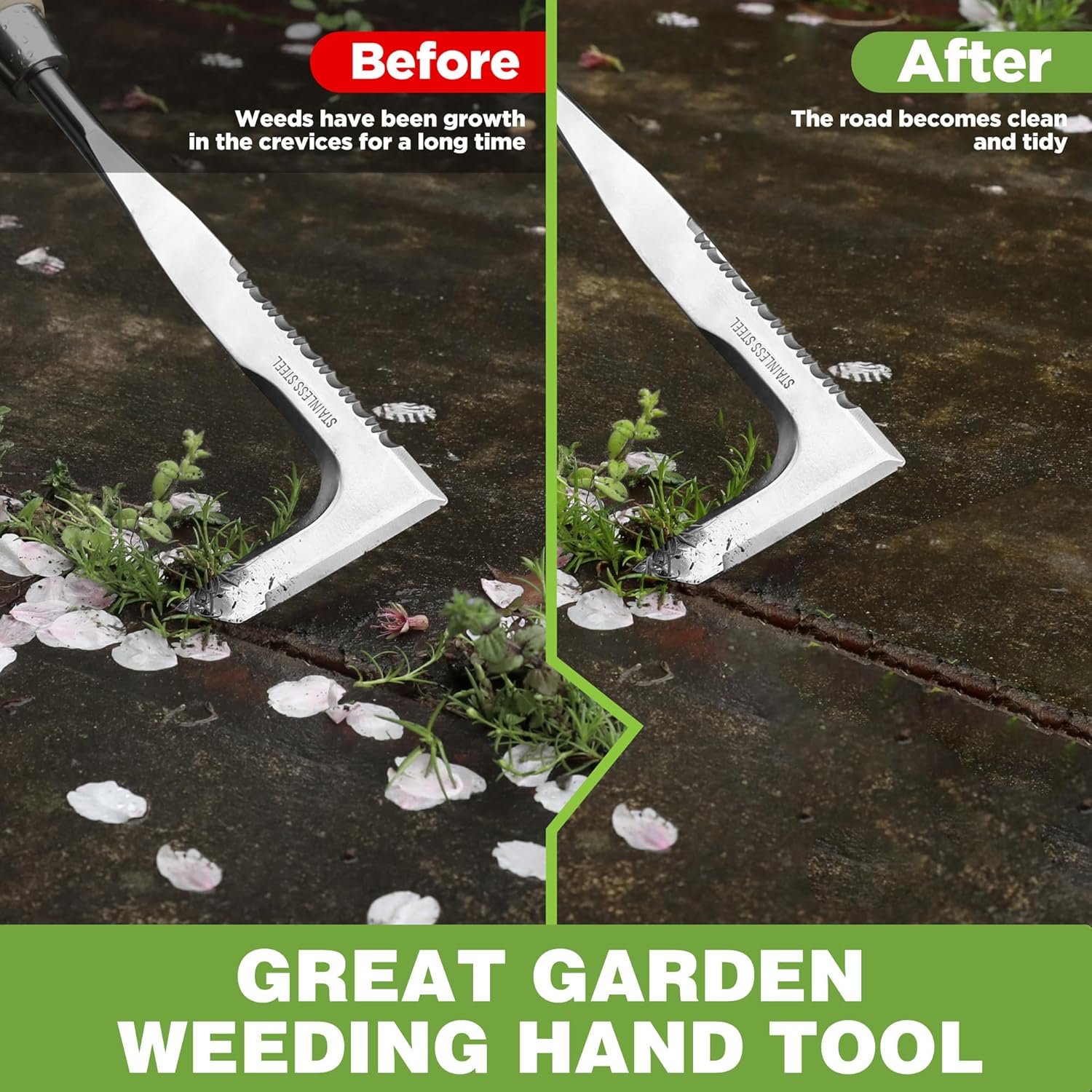 L-shaped weed scraper tool with serrated edge for removing weeds from cracks