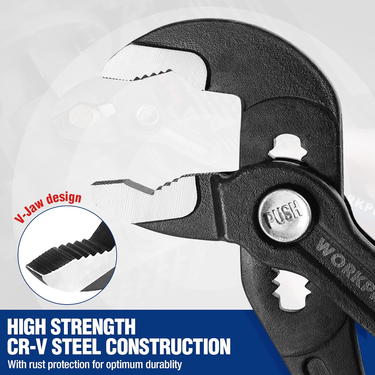 Close-up of CR-V groove pliers with black V-jaw, textured grips, and red/blue handles