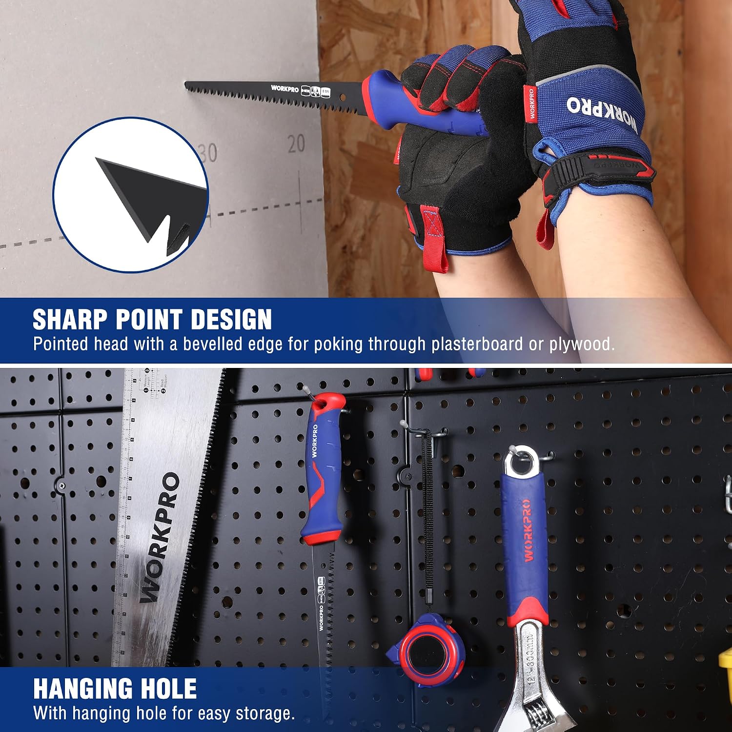 WORKPRO Drywall Saw, 6-inch Jab/Keyhole/Wallboard/Sheetrock Cutting Tool with Ergonomic Handle, Triple Ground Teeth, Faster Cutting Drywall Cutter with 8-TPI Bi-metal Blade | for plasterboard, plasterboard and plywood, hand saws with 8 TPI saw blades