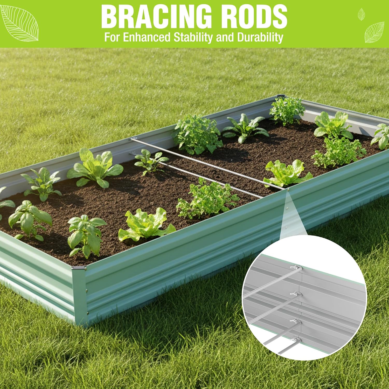 Green raised garden bed with interior bracing rods and leafy plants