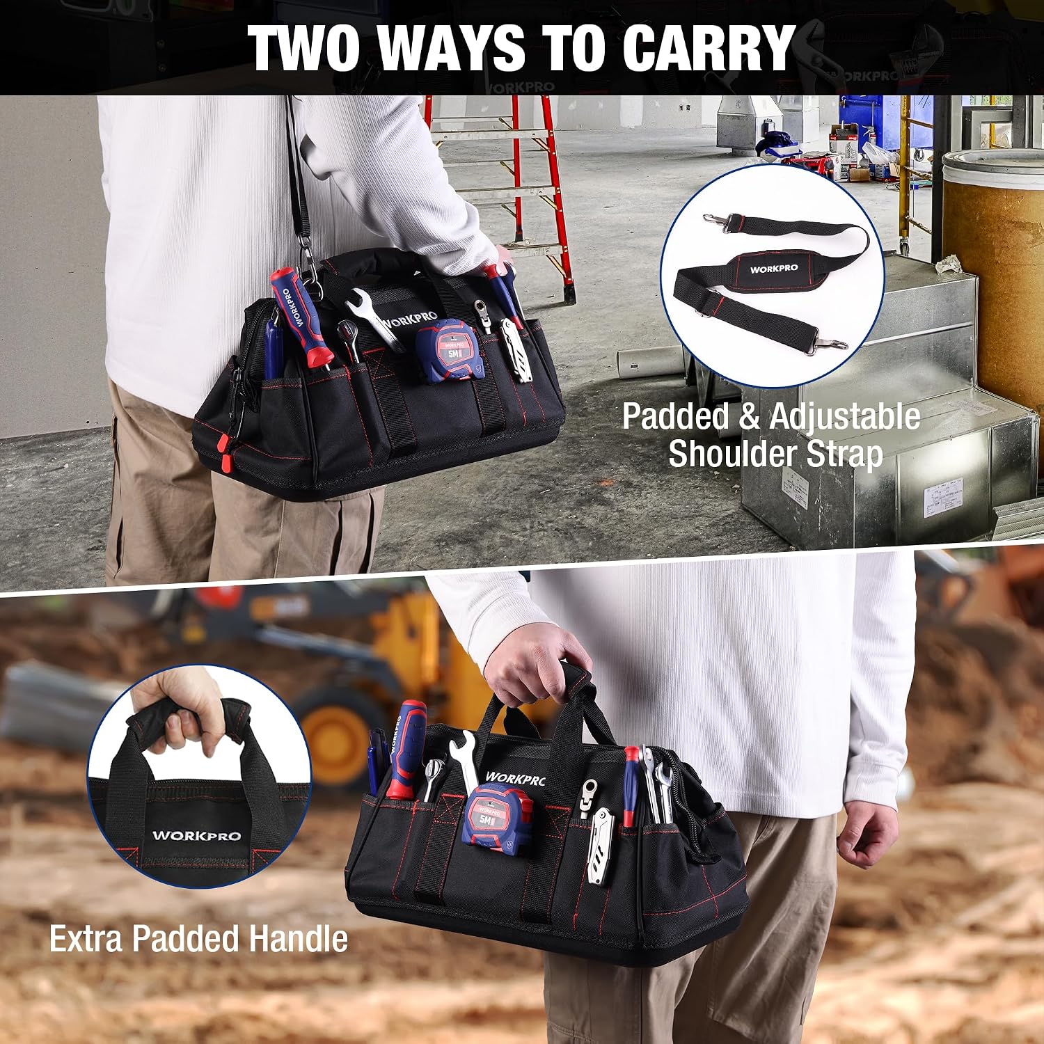 WORKPRO 16-inch Close Top Wide Mouth Tool Storage Bag with rubber base, innovation quality and durable build