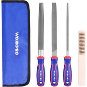 Blue storage pouch with three metal files and a wire brush head, gray blades