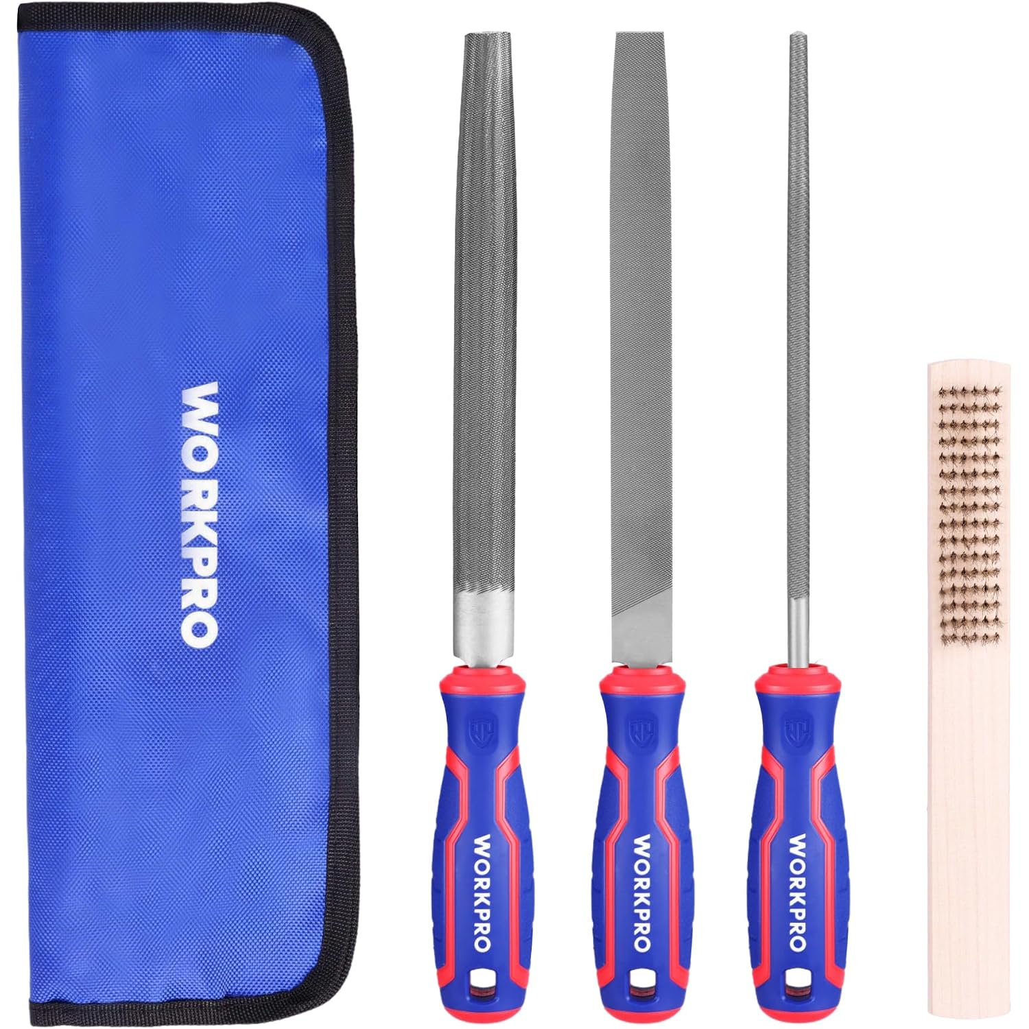 Blue storage pouch with three metal files and a wire brush head, gray blades