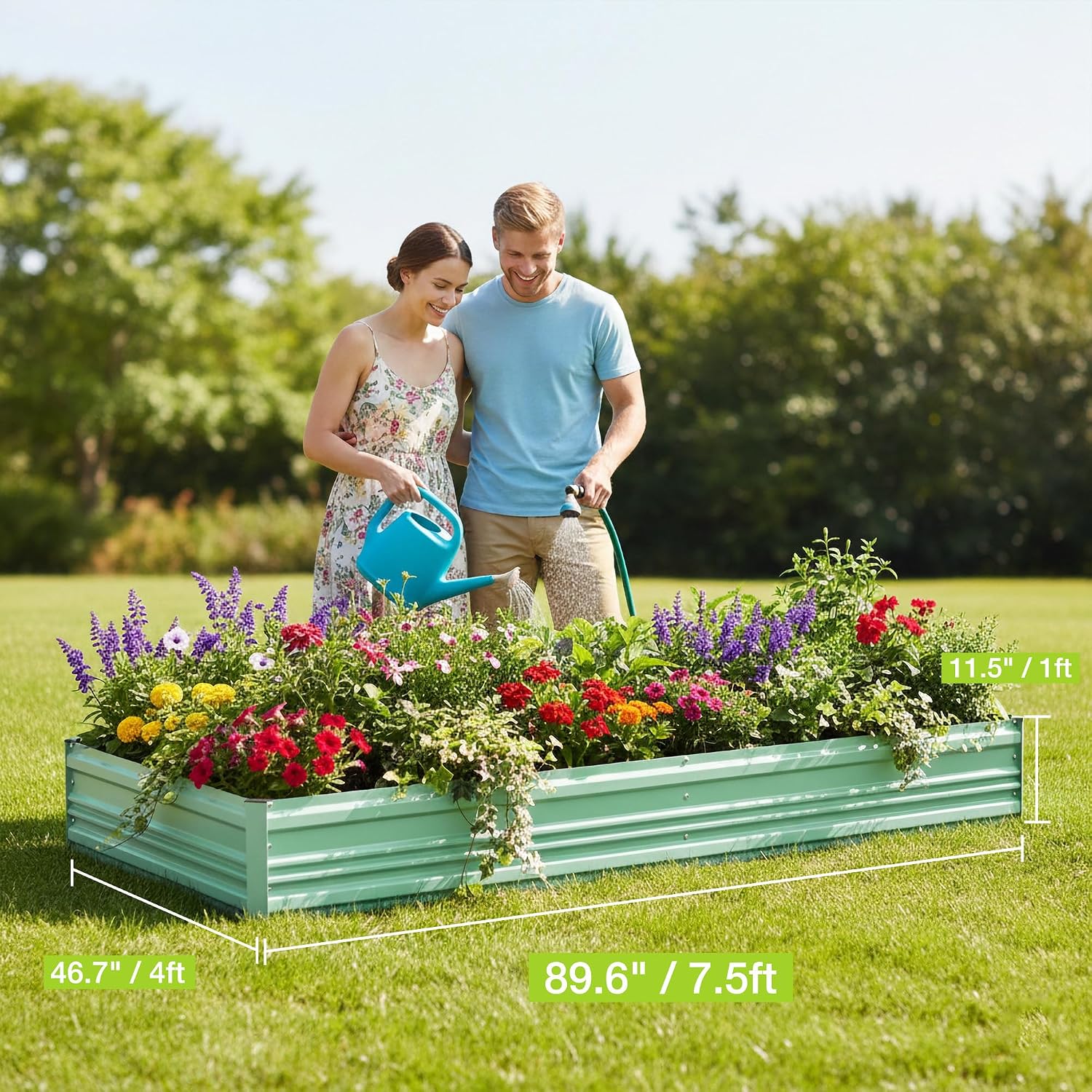 Green raised garden bed with blooming flowers and two people gardening