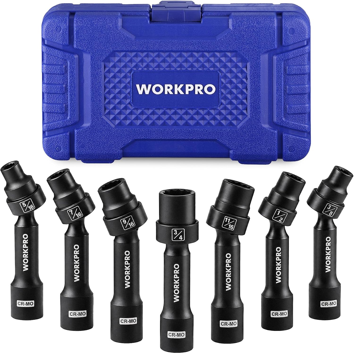 Blue storage case with seven black 1/2-inch drive driveline sockets