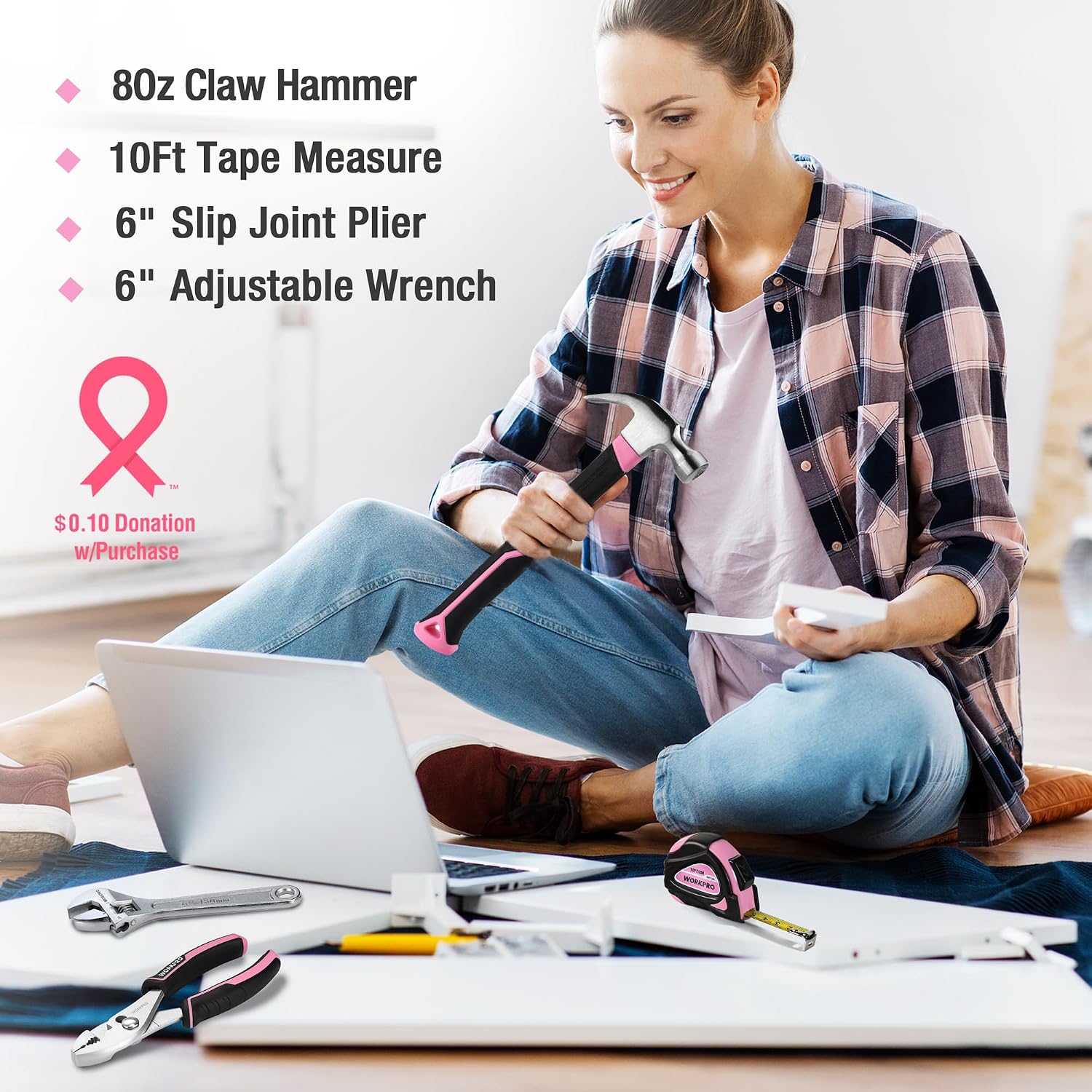 WORKPRO 100 Pcs Pink Tool Kit with round pouch, innovation, quality, durable carbon steel tools