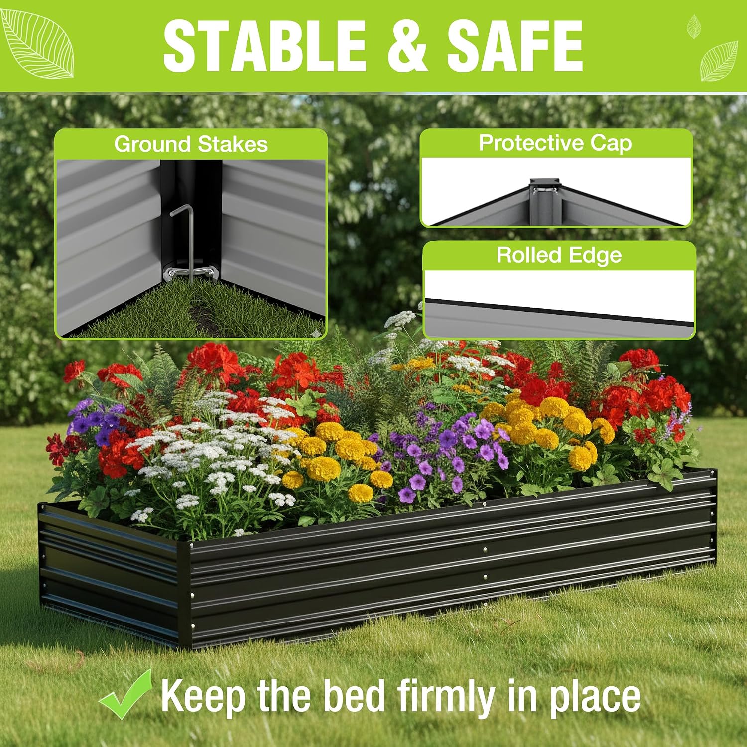 Black raised garden bed with flower plants and corner stake/cap details