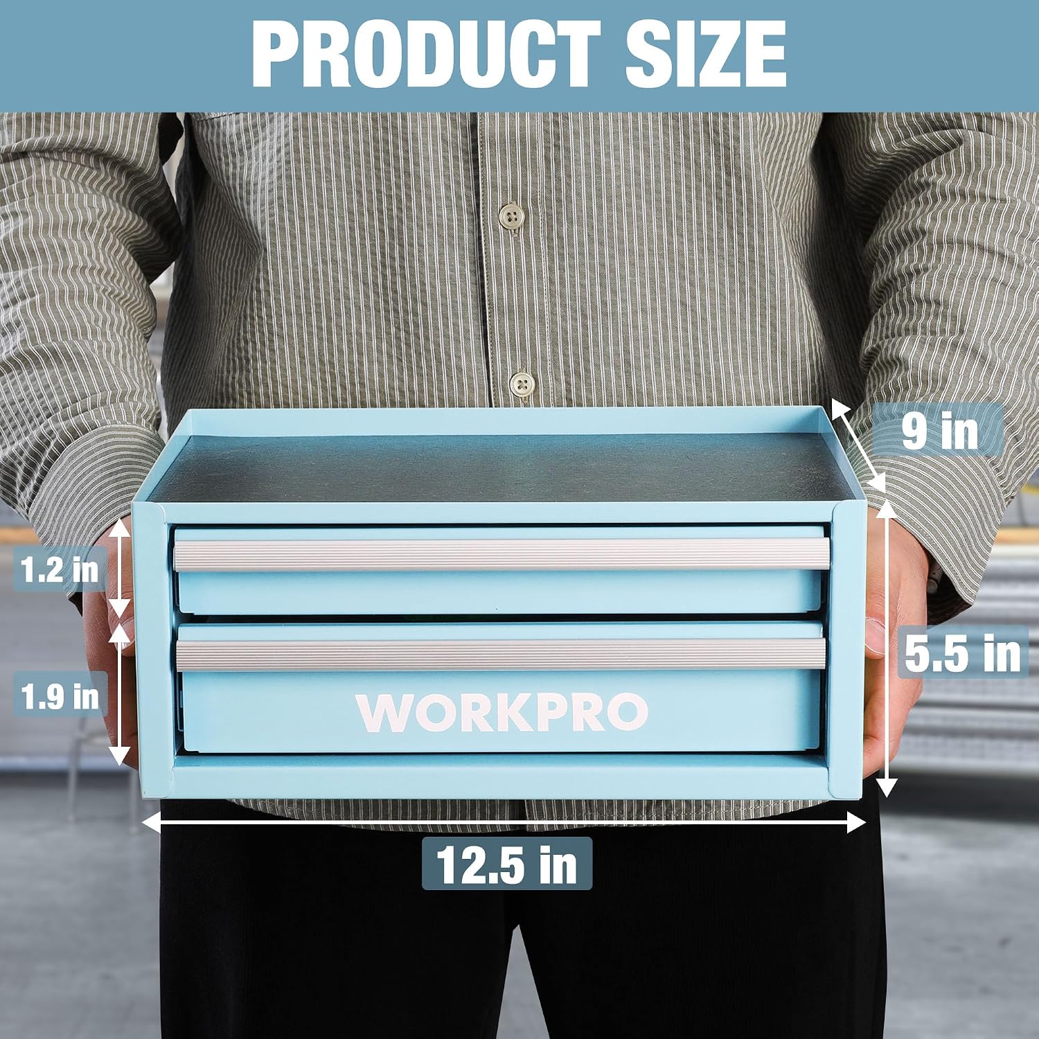 WORKPRO Portable & 12.5" Mini Metal Tool Box, Top Tool Chest Containing Two Drawers, Macaron Blue
