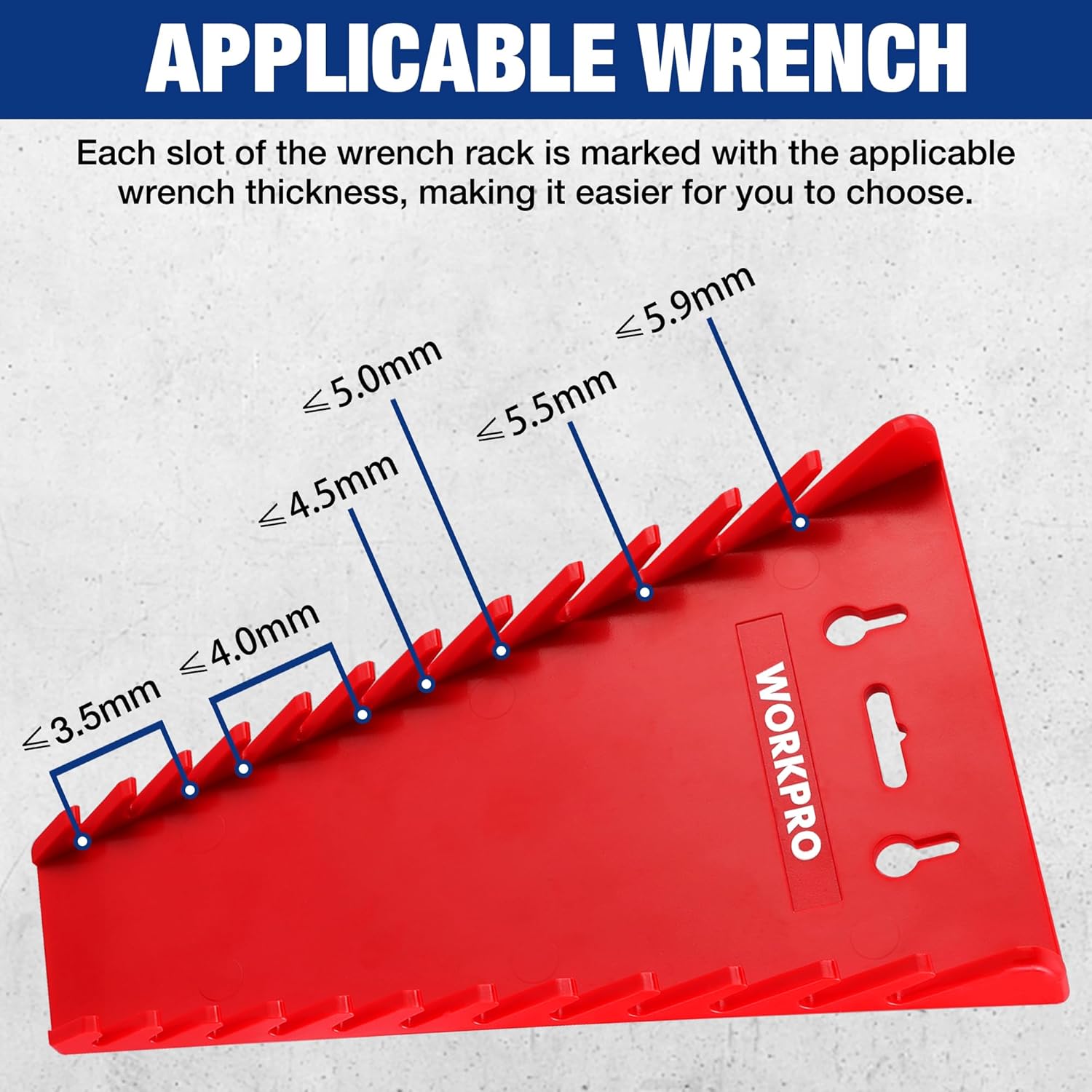 Red magnetic wrench holder rack with slot guide for wrench thickness selection