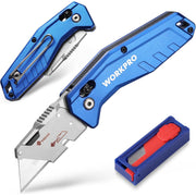 Folding utility knife with blue handle, sharp metal blade, and red blade storage case