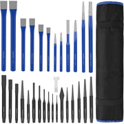 Punch and chisel set with blue grips and steel tips, bundled in a black roll pouch.