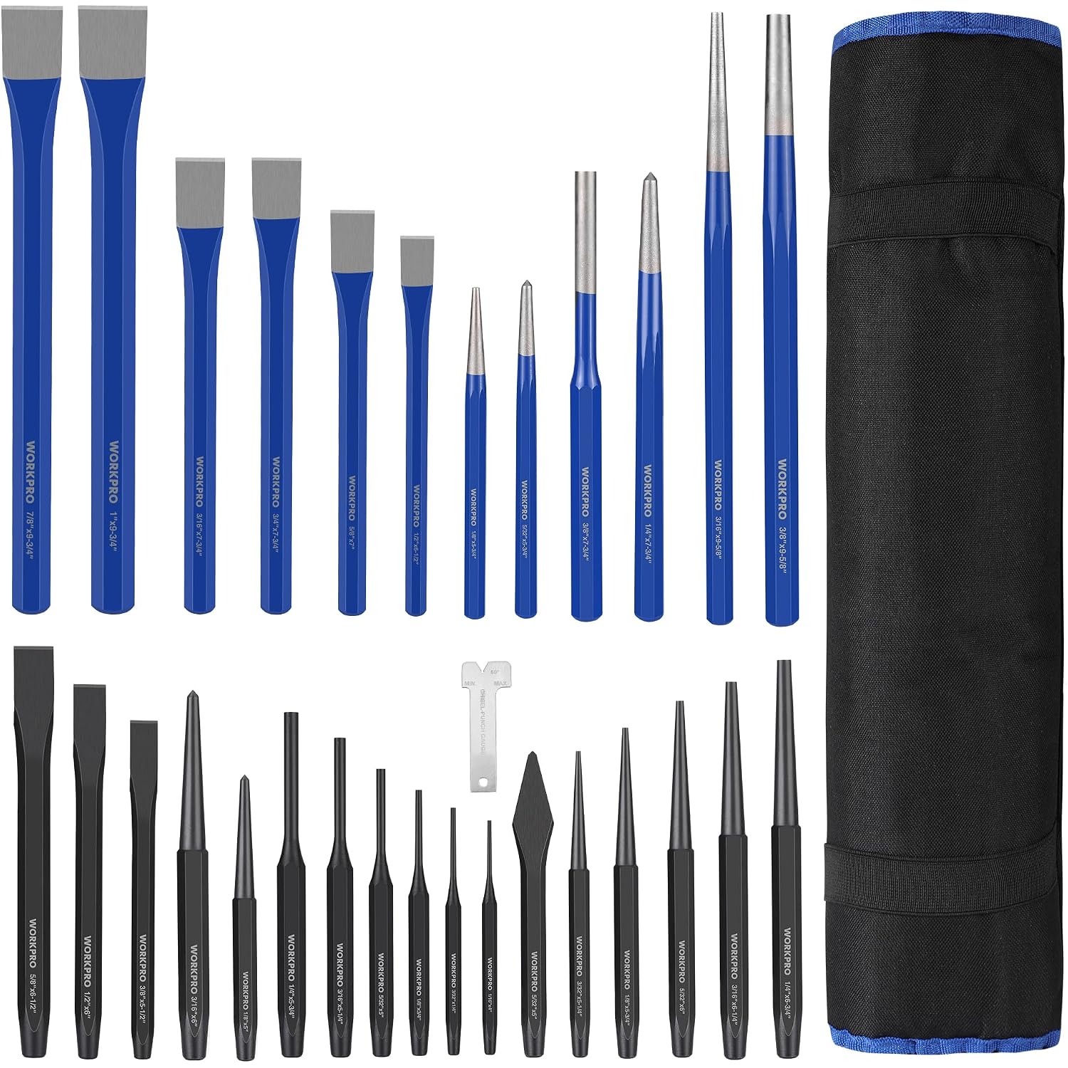 Punch and chisel set with blue grips and steel tips, bundled in a black roll pouch.